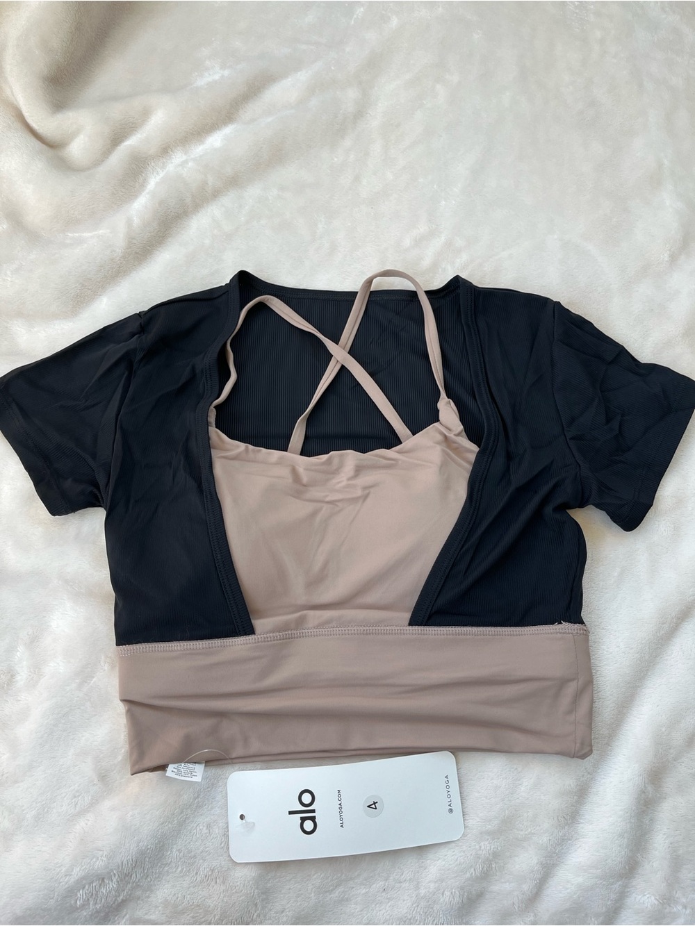 ALO Yoga Layered Cross-Back Cami Top in Taupe and Black